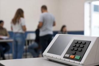 Urna eletrônica durante a votação das eleições de 2026 em Minas Gerais