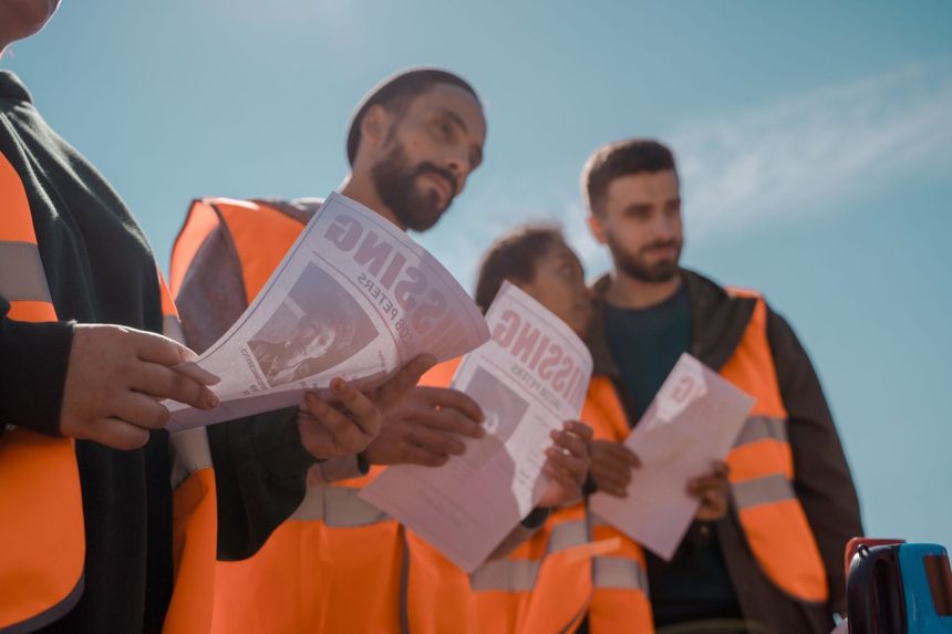 Voluntários usando coletes laranja distribuem cartazes de pessoas desaparecidas ao ar livre